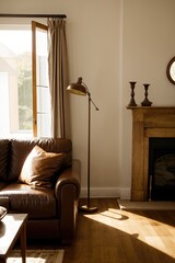 dark living room with a brown leather capitone sofa and a classic bronze floor lamp