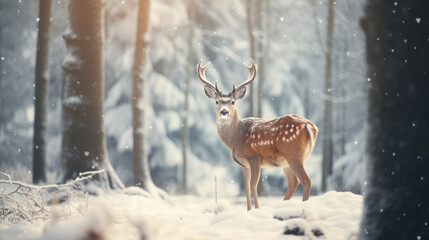 Beautiful Christmas scene with a deer in a winter snowy forest.