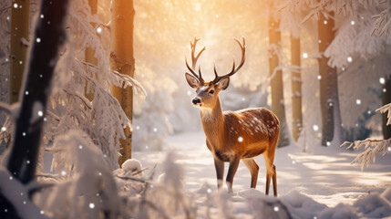 Beautiful Christmas scene with a deer in a winter snowy forest. AI generated.
