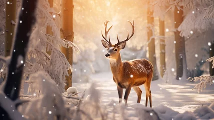 Tuinposter Beautiful Christmas scene with a deer in a winter snowy forest. AI generated. © Oulailux