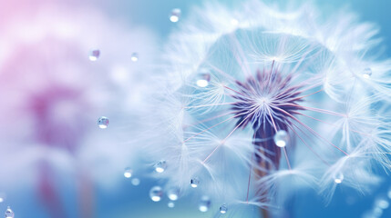 Fototapeta premium Beautiful dew drops on a dandelion seed macro. Beautiful soft light blue and violet background. Water drops on a parachutes dandelion on a beautiful blue. Soft dreamy tender artistic image form