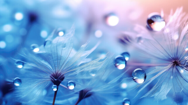 Beautiful dew drops on a dandelion seed macro. Beautiful soft light blue and violet background. Water drops on a parachutes dandelion on a beautiful blue. Soft dreamy tender artistic image form © Oulailux