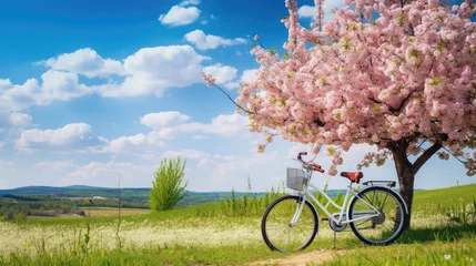 Selbstklebende Fototapete Fahrrad Beautiful spring summer natural landscape with a bicycle on a flowering meadow against a blue sky with clouds on a bright sunny day.