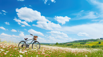 Fototapeta premium Beautiful spring summer natural landscape with a bicycle on a flowering meadow against a blue sky with clouds on a bright sunny day.
