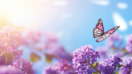 Foto op Plexiglas Floral spring natural blue background with fluffy airy lilac flowers on meadow and fluttering butterflies on blue sky background. © Oulailux