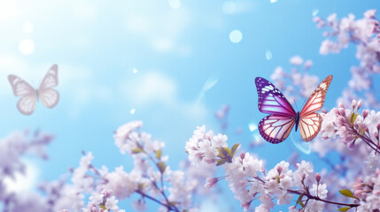 Floral spring natural blue background with fluffy airy lilac flowers on meadow and fluttering butterflies on blue sky background.