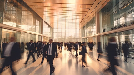 Crowd of business people walking in bright office lobby fast moving with blurry. Generative Ai