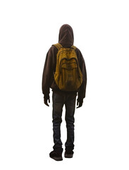 teen wearing a hoodie with the hood covering his/her head. jean pants. wearing a yellow backpack. silhouette. full view. 
