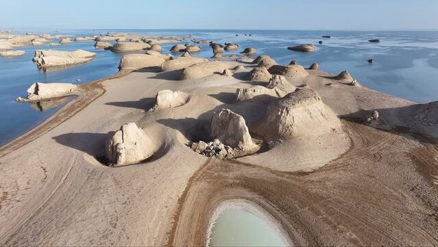 Landscape of Yardang landforms with blue lakes in Qinghai province, China