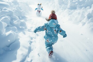 Fototapeta na wymiar Rear shot and high angle view of a kid on snow christmas theme.