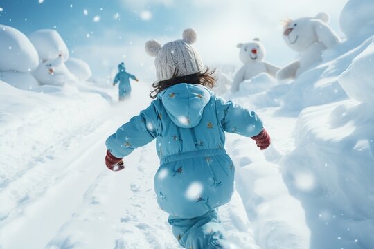 Rear shot and high angle view of a kid on snow christmas theme.
