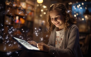 A Young Girl Engrossed in Using a Tablet Device.
