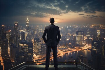 Fototapeta na wymiar A Dynamic Young Businessman Triumphantly Standing atop a Skyscraper.