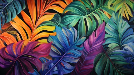Fototapeta na wymiar Abstract Background of illustrated Tropical Leaves. Exotic Wallpaper in multiple Colors