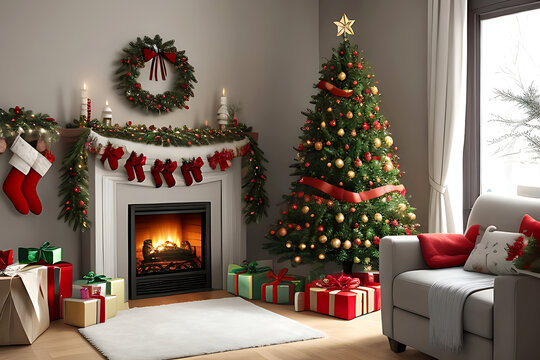Christmas Tree with Red Gift Box,generated ai