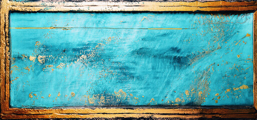 immagine di superficie in vecchio legno grezzo in colore azzurro bordata in vernice oro