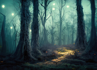 Creepy haunted forest at night. Halloween background,