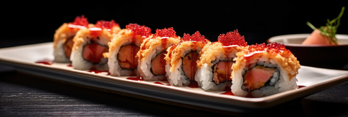 Crunchy maki o a sushi plate in restaurant. Japanese food. Generative Ai