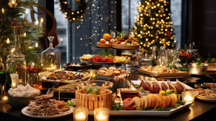 Dinner table full of dishes with food and snacks, Christmas and New Year's decor with a Christmas tree on the background. Generative Ai
