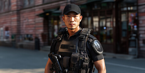 police officer on the street, police officer on duty, an asian security with light blue uniform and black gun - obrazy, fototapety, plakaty
