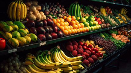 Fruits and Vegetables on shelf in supermarket. Generative Ai
