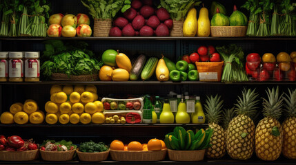 Fruits and Vegetables on shelf in supermarket. Generative Ai