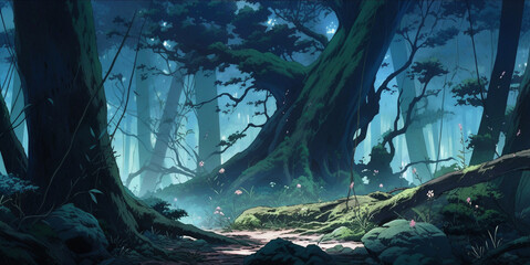 Ghostly Grove: Anime-style Illustration of a Haunted Forest, Generative AI