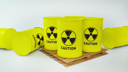 Yellow iron barrels on pallets with a radiation hazard sign. 3D render