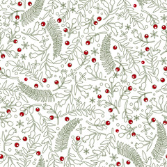 Merry and Bright Holiday Pattern. Christmas Universal Creative Seamless Pattern with Leaves and Berries in Trendy Linear Style. Winter Artistic Template Background. Vector