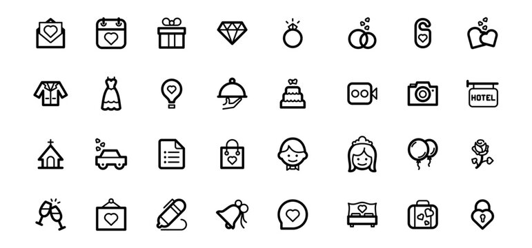 Set of outline wedding icons. Minimalist thin web icon bundle. vector illustration.