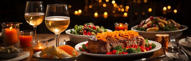 
Christmas dinner table full of dishes with food and snacks, New Year's decor with a Christmas tree in the background, festive home atmosphere, table setting.