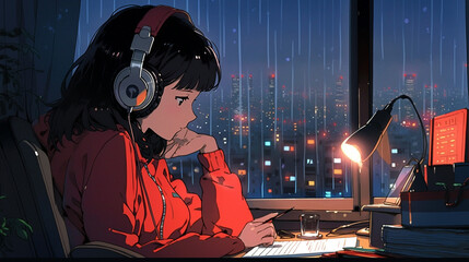 Lo-fi Cityscape: Anime-style Scene of Serene Study Vibes, generative ai