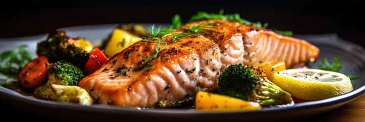 Grilled salmon with colorful veggies and lemon herb sauce in restaurant. Generative Ai - obrazy, fototapety, plakaty