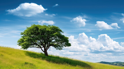 Fototapeta na wymiar Landscape view of one big tree on the top of the hill with green grass on a hillside with blue sky and clouds in the background. Generative Ai