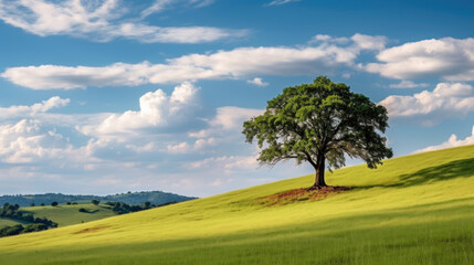 Fototapeta na wymiar Landscape view of one big tree on the top of the hill with green grass on a hillside with blue sky and clouds in the background. Generative Ai