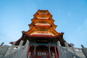 Naklejka premium Shining Pagoda, Yingxian Pavilion, Penglai, Yantai, China