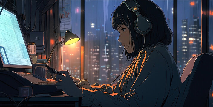 Lo-fi Homework: Anime-style Scene of Serene Study Time, generative ai