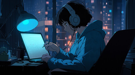 City Rhythms: Anime-style Scene of Studying to Lo-fi Hip Hop, generative ai