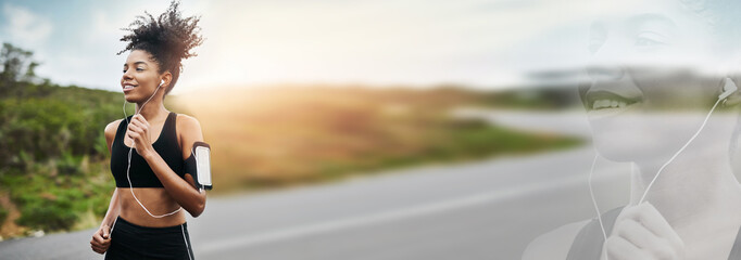 Happy woman, fitness and running on mockup for banner, outdoor exercise or workout in nature. Active female person, athlete or runner on road, asphalt or street in training, overlay or lose weight