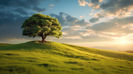 Fototapeta premium Landscape view of one big tree on the top of the hill with green grass on a hillside with blue sky and clouds in the background. Generative Ai