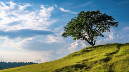 Landscape view of one big tree on the top of the hill with green grass on a hillside with blue sky and clouds in the background. Generative Ai