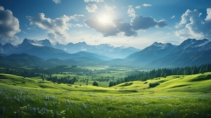 Naklejka premium Beautiful Fantasy Meadow and Mountains Landscape Panorama. Generative AI Illustration.