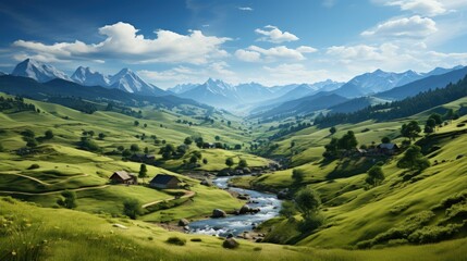 Naklejka na ściany i meble Beautiful Fantasy Meadow and Mountains Landscape Panorama. Generative AI Illustration.