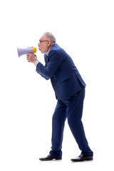 Fototapeta premium Old businessman holding megaphone isolated on white