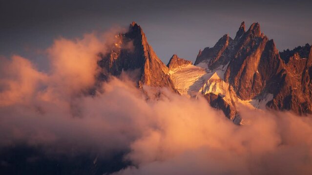 Time-Lapse sunset in the French Alps near Mont Blanc above Chamonix