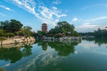 Fototapeta na wymiar Palace on Lake, Beautiful Penglai San Xian Mountain, Shandong, China