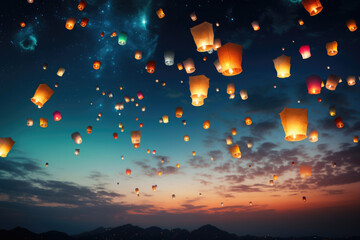 group of chinese flying lanterns - obrazy, fototapety, plakaty