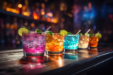 Colored alcoholic cocktails with ice in glasses on the bar counter