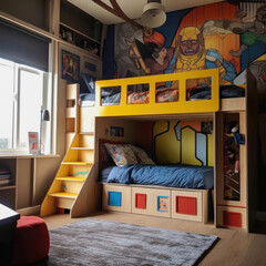  A boys bedroom with a superhero themed loft bed 
