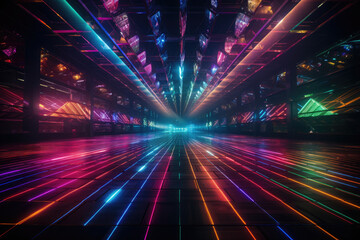 Large dance floor with multi-colored spotlights in a nightclub - obrazy, fototapety, plakaty